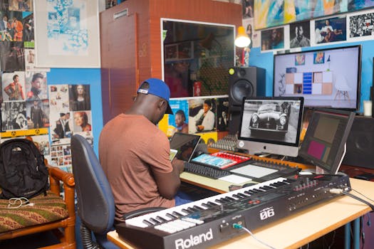 A music producer working on a reggae track in the studio